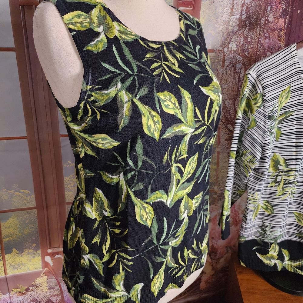 M Black and Green Leaves Tank, 100% Cotton, Size Medium